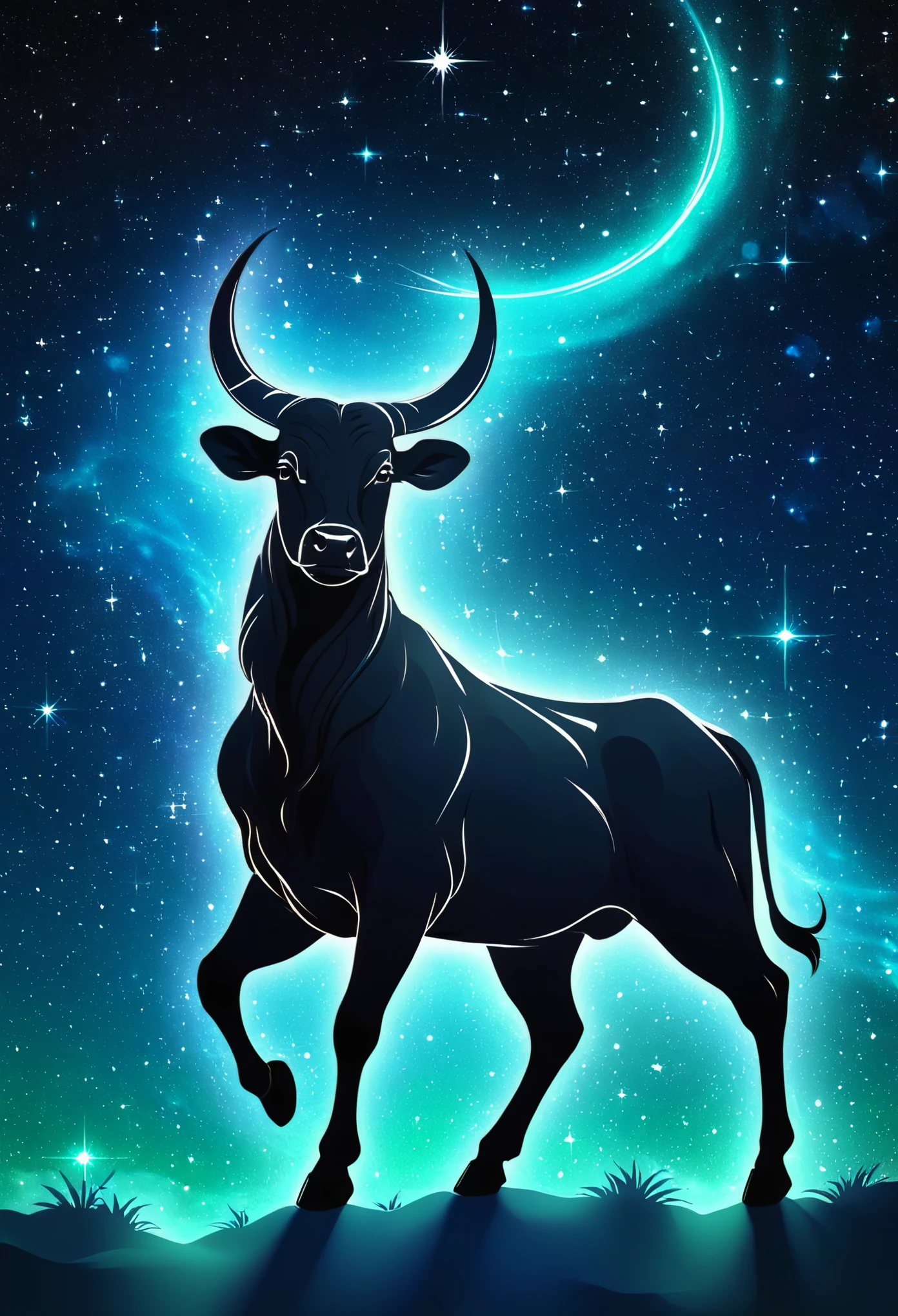 a stylized taurus ((silhouette)) formed by bright stars. Cosmic background