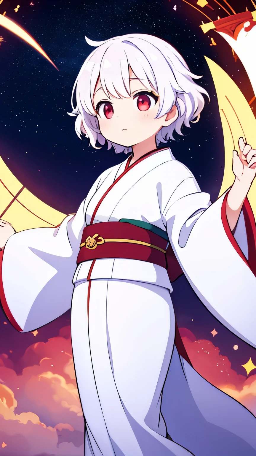 Age unknown,Unknown gender,White curly short hair,Red eyes,white kimono,God,Floating in the air,Starry Sky