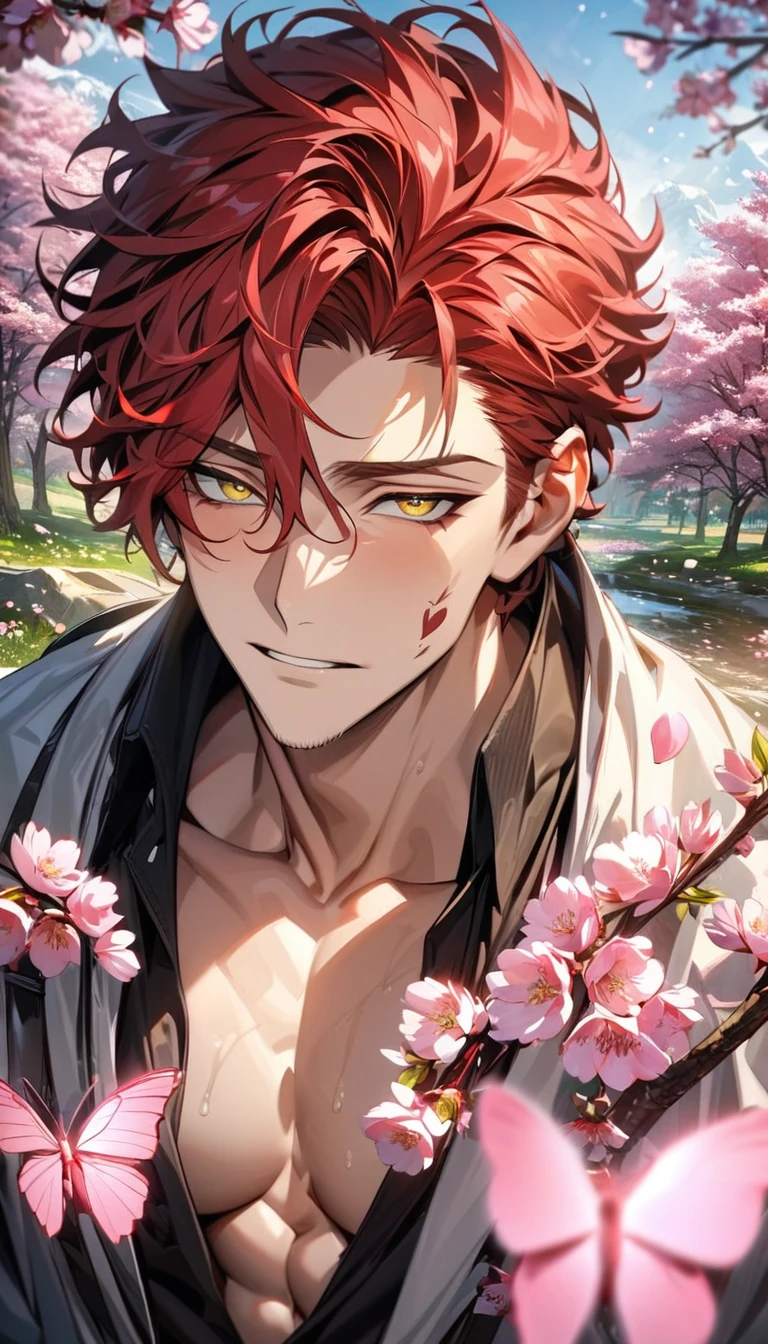 absurdres, highres, ultra detailed, HDR, masterpiece, extremely detailed face and eyes, Shanks, red hair, expressive red eyes, One Piece, solo, man, handsome, black cape, white shirt, showing the chest, blossoms, spring, pink butterflies, pink petals, pink flowers