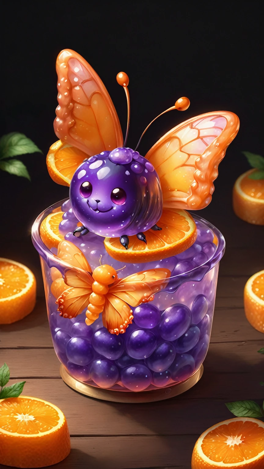 Foodpets Very cute and attractive anthropomorphic jelly butterfly, Orange and purple gradient, Looking at the audience, Macro, Movie Lighting, Fantasy Art, Dynamic Synthesis, epic realistic, Award-winning illustrations