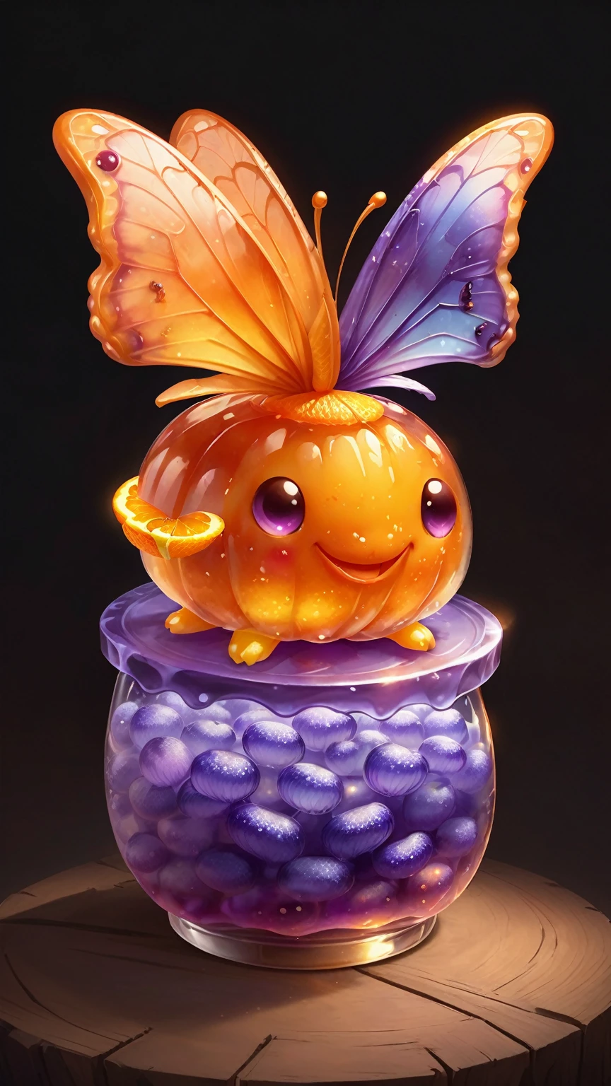 Foodpets Very cute and attractive anthropomorphic jelly butterfly, Orange and purple gradient, Looking at the audience, Macro, Movie Lighting, Fantasy Art, Dynamic Synthesis, epic realistic, Award-winning illustrations