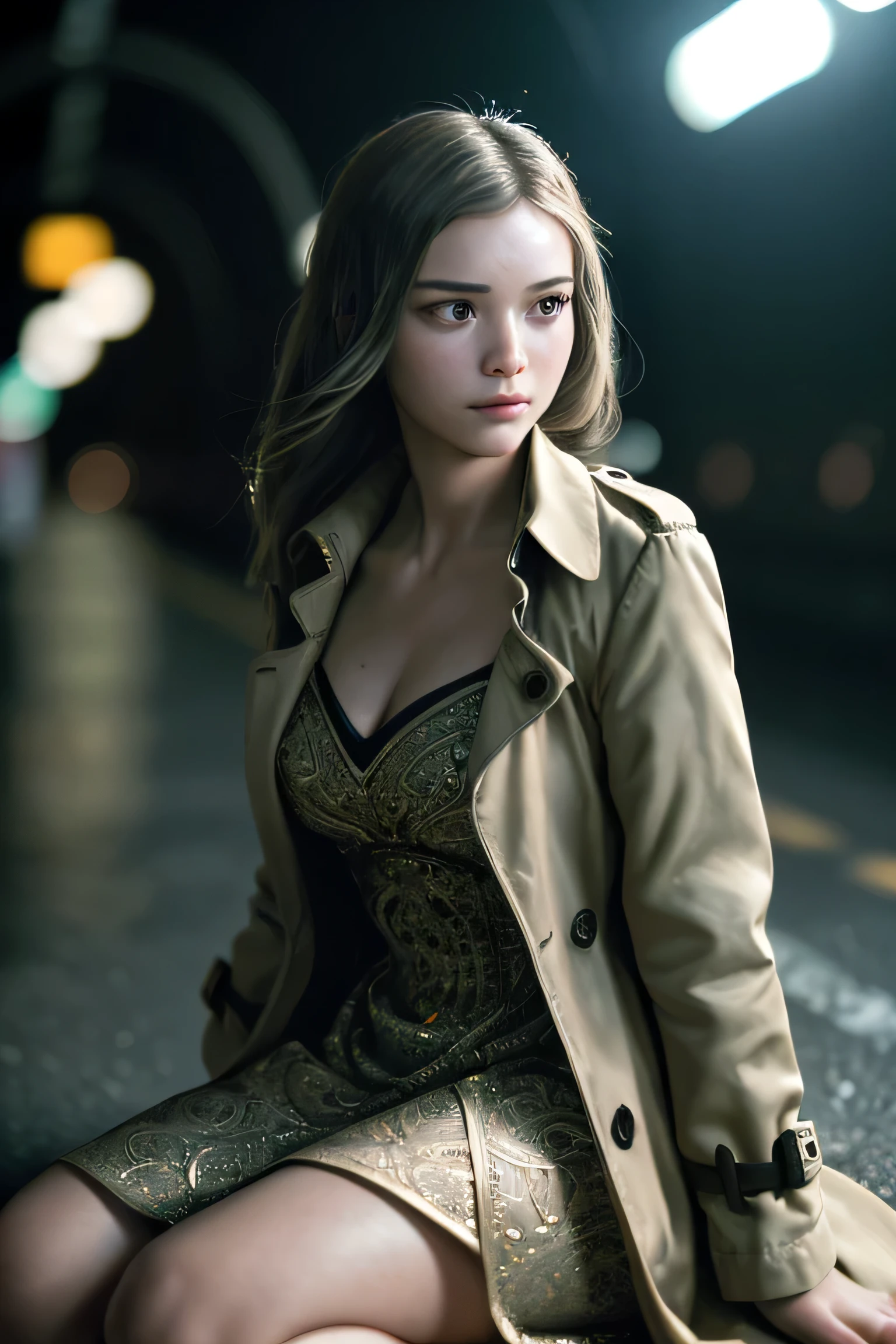 (masterpiece), (extremely intricate:1.3), (realistic), a girl, (future nostalgia), (dynamic perspective), dynamic angle, the most beautiful in the world, (slouching on the floor), trench coat, camisole dress, smirk, tunnel, professional photograph of a stunning woman detailed, sharp focus, dramatic, award winning, cinematic lighting, octane render unreal engine, volumetrics dtx, (film grain, blurry background, blurry foreground, bokeh, depth of field)