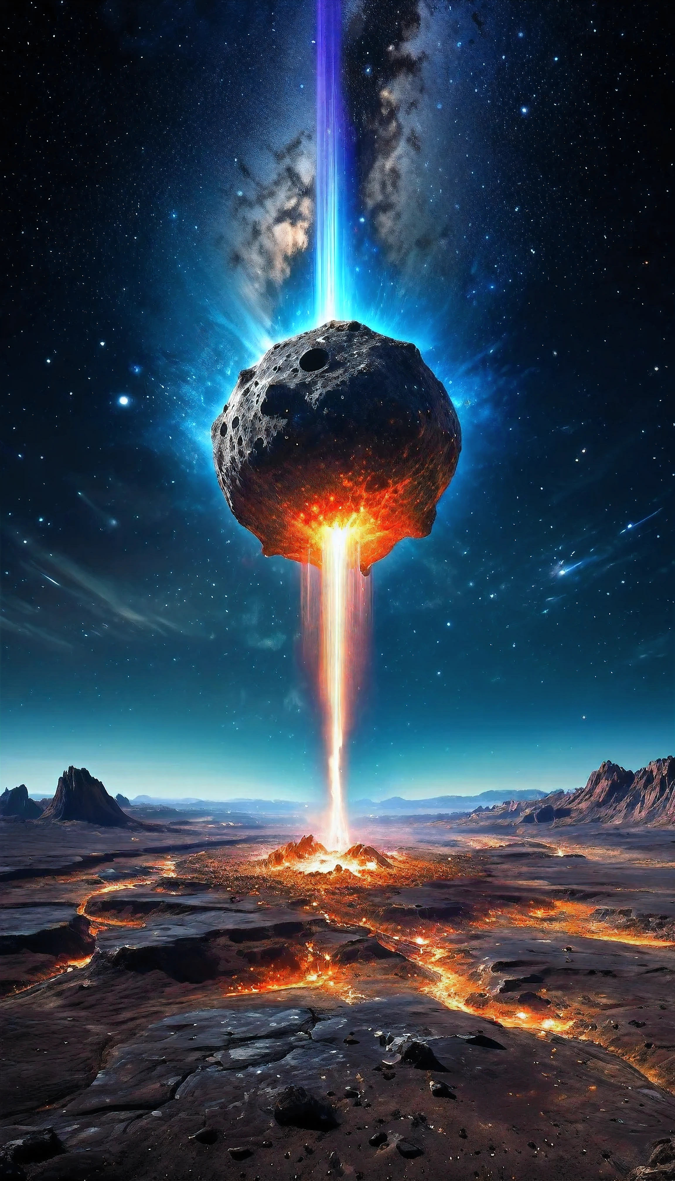 A surrealistic portrayal of a space meteor as a harbinger of cosmic mysteries, with surreal elements and abstract forms blending with the raw power of celestial forces, creating a scene that transcends the boundaries of reality, Surreal Space Meteor, Abstract Wonder, Otherworldly Phenomenon, Digital Painting, Surreal Landscape, Adobe Photoshop, High Angle Shot, Vibrant Lighting, Detailed, HDR Rendering, 8K Resolution