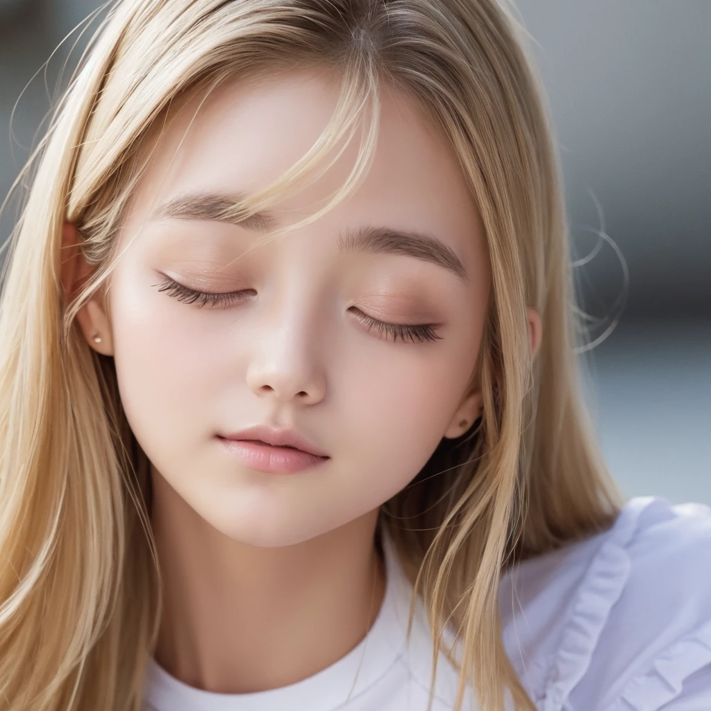 Authentic photo quality、cara muy linda、Extraordinaria belleza sexy、beautiful calm and bright expression、Aspecto refrescante y sexy.、Flequillo largo que cae sobre una cara linda y hermosa perfecta.、super long blonde hair, liso y sedoso que brilla intensamente.、hermoso rostro y cabello rubio、muy linda hermosa mujer joven sexy、Cara linda muy perfecta y hermosa.、Hermosos ojos azul cielo brillantes、ojos muy grandes、cabello dorado muy grande encima de un ojo、rubia entre los ojos、Piel blanca muy radiante、Teca Brillo、delineador de ojos、A small smile、piel brillante