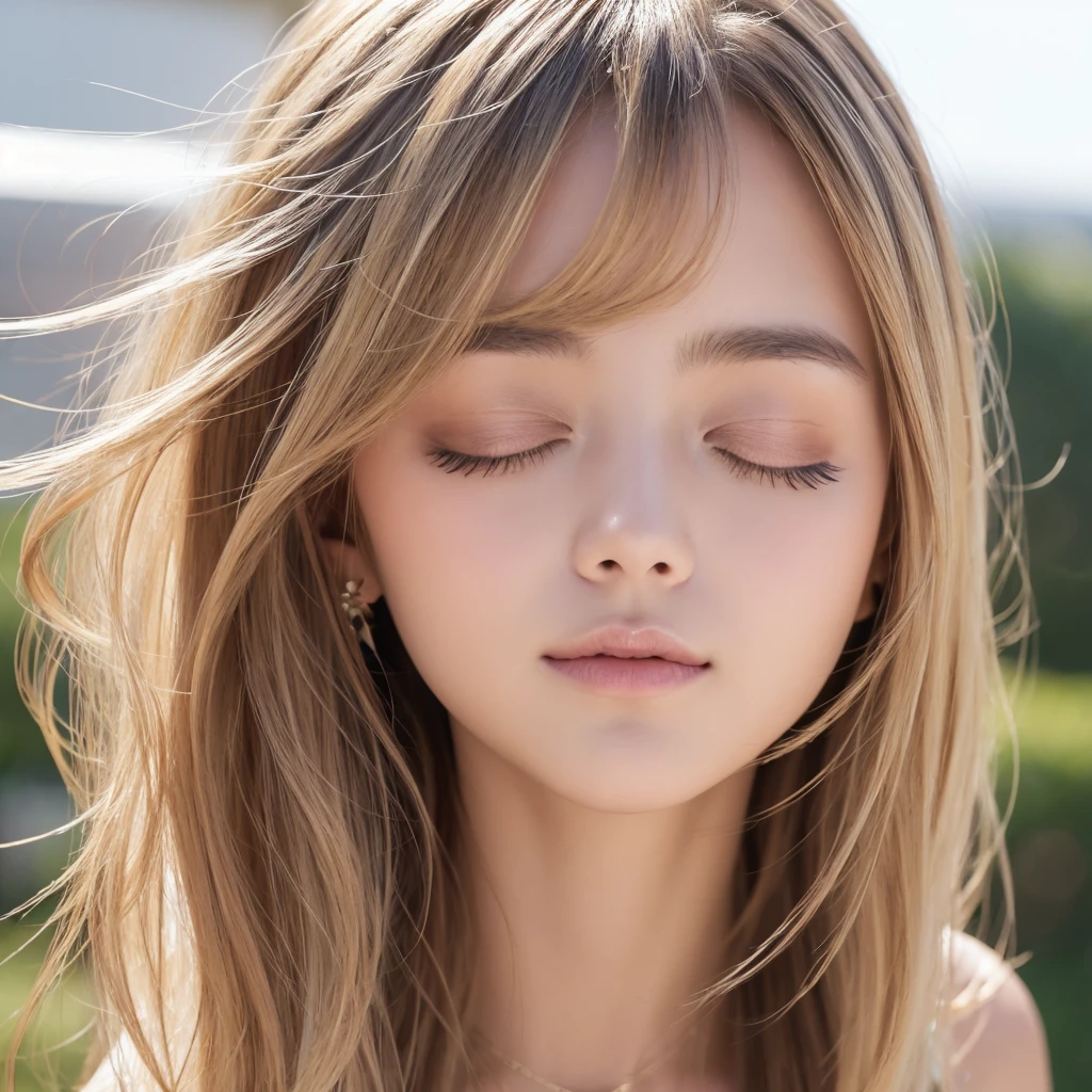 Authentic photo quality、cara muy linda、Extraordinaria belleza sexy、beautiful calm and bright expression、Aspecto refrescante y sexy.、Flequillo largo que cae sobre una cara linda y hermosa perfecta.、super long blonde hair, liso y sedoso que brilla intensamente.、hermoso rostro y cabello rubio、muy linda hermosa mujer joven sexy、Cara linda muy perfecta y hermosa.、Hermosos ojos azul cielo brillantes、ojos muy grandes、cabello dorado muy grande encima de un ojo、rubia entre los ojos、Piel blanca muy radiante、Teca Brillo、delineador de ojos、A small smile、piel brillante