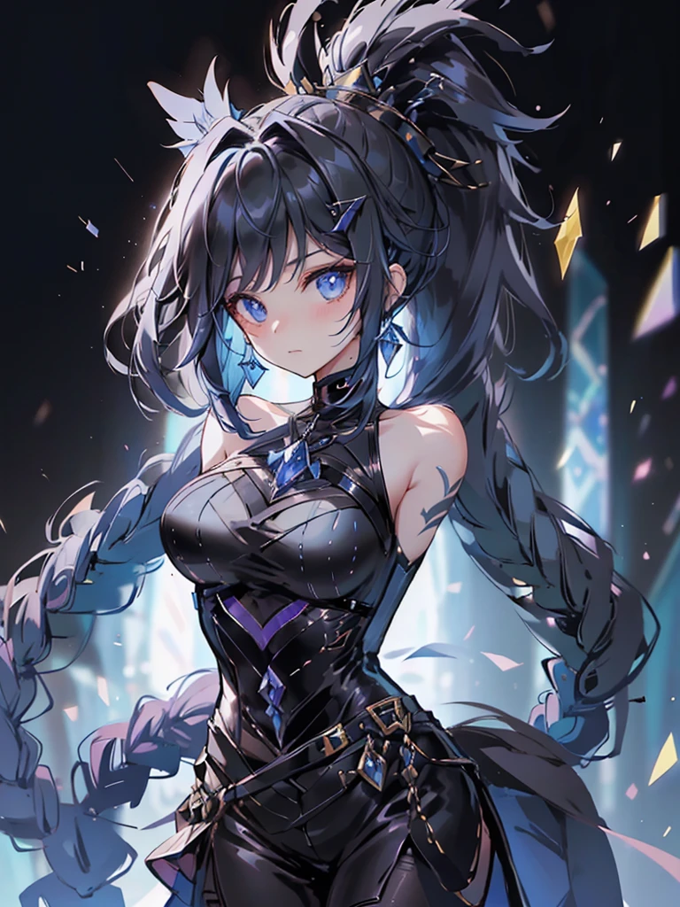 17-year-old girl、wearing a black elegant hat、Rune background、black magician、Wearing a black robe、mesmerize、cute woman、Elegant hairstyle、indigo hair color、Slightly shorter hair、blue eyes、look at the viewer、masterpiece、Best image、