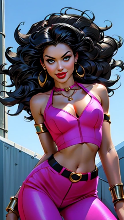 1woman 30year old, solo, long curly hair, looking at viewer, navel, cleavage, bare shoulders, detailed eyes, shy smile,jewelry, medium breasts, earrings, midriff, belt, bodystocking,necklace, bracelet, lips, armlet, ((dynamic pose)), ((dynamic angle)),