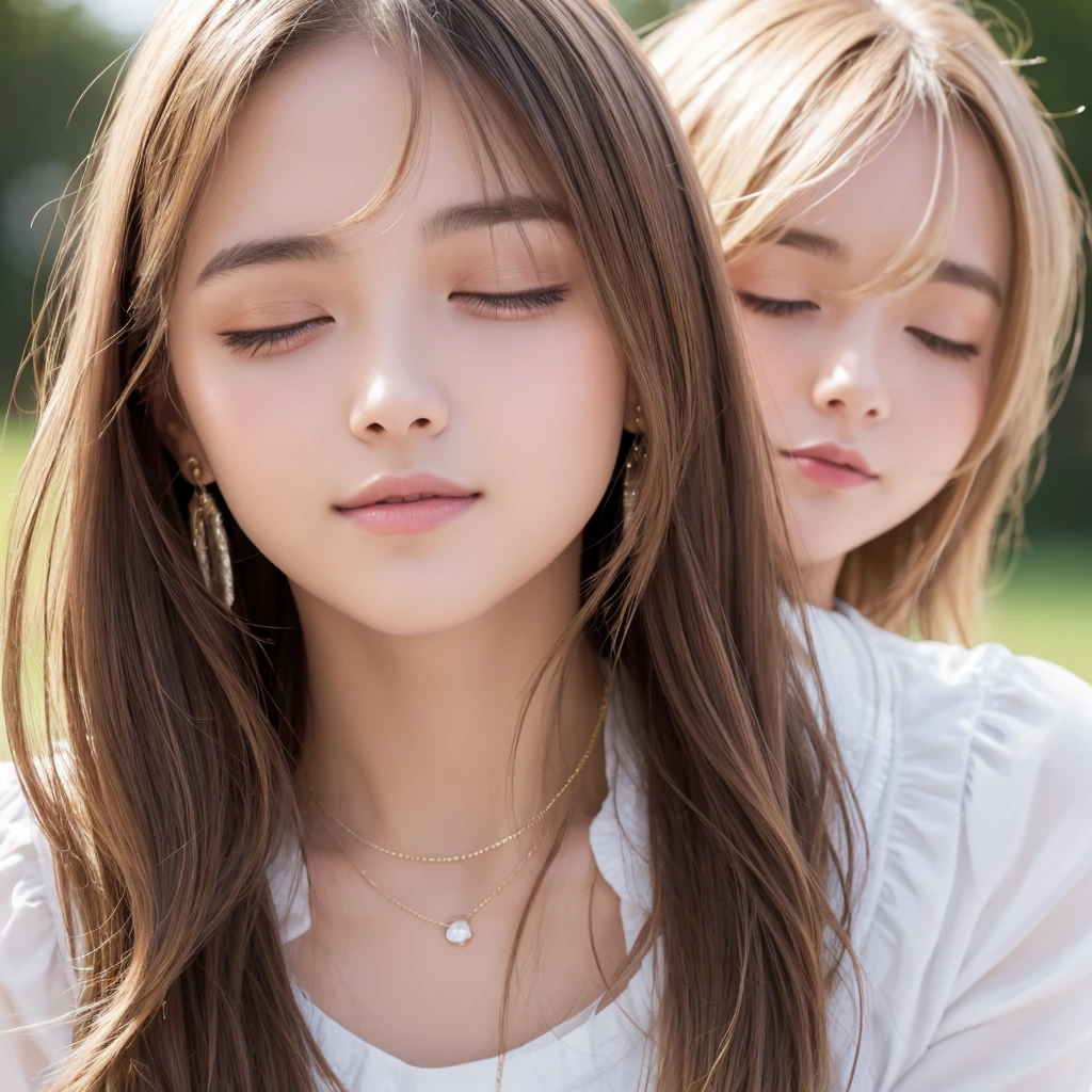 Authentic photo quality、cara muy linda、Extraordinaria belleza sexy、beautiful calm and bright expression、Aspecto refrescante y sexy.、Flequillo largo que cae sobre una cara linda y hermosa perfecta.、super long blonde hair, liso y sedoso que brilla intensamente.、hermoso rostro y cabello rubio、muy linda hermosa mujer joven sexy、Cara linda muy perfecta y hermosa.、Hermosos ojos azul cielo brillantes、ojos muy grandes、cabello dorado muy grande encima de un ojo、rubia entre los ojos、Piel blanca muy radiante、Teca Brillo、delineador de ojos、A small smile、piel brillante