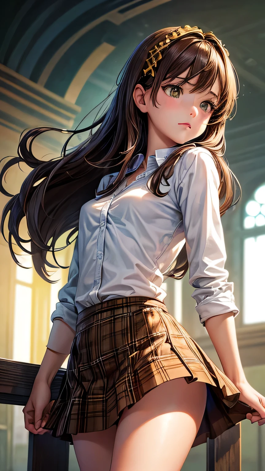 (((solo))),(((1 girl))),  beautiful, illustration, extremely detailed skin, masterpiece, best quality, extremely detailed face, vibrant colors, depth of field, cinematic lighting,(masterpiece, best quality:1.2), 1girl, solo,standing_split, small breasts ,, brown eyes, brown hair, hair ornament,long hair,green plaid skirt,  , , white shirt,,no panty

