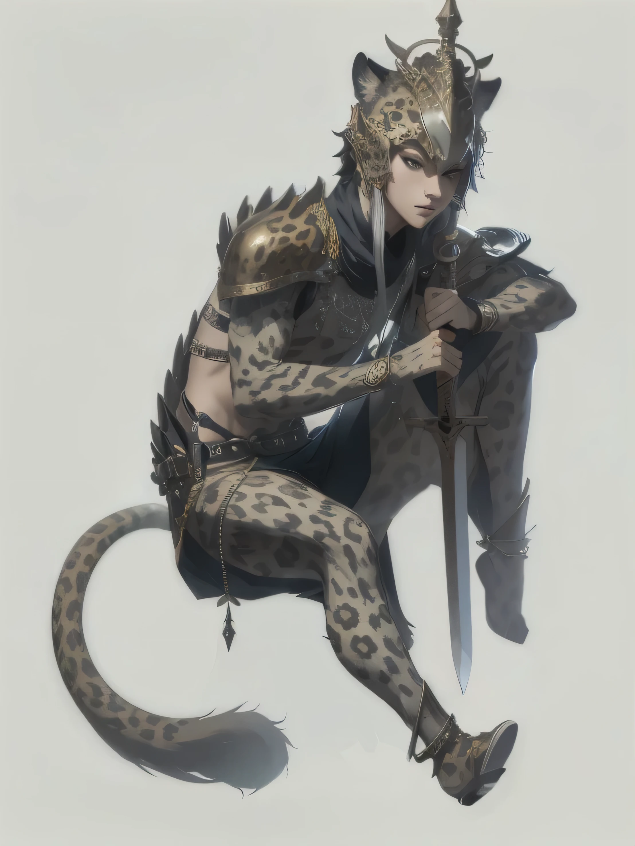 anime character with a leopard like outfit and a sword, of anthro leopard warlock, humanoid cheetah, by Yang J, beautiful full body concept art, by Shen Zhou, guweiz, by Shitao, complex fantasy character, guweiz on artstation pixiv, detailed full body concept, epic exquisite character art, illustration concept art, wlop rossdraws