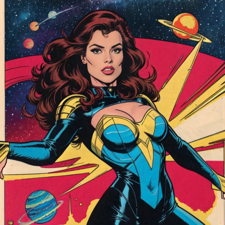 masterpiece,very sharp image,extremely beautiful woman space retro futurism, beautiful face,hi-tech armour over colorful catsuit, long curly hair,in deep space, with several planets and suns in the background Excellent sense,medium breasts,cleavage,American Comics,(((The Perfect One Woman))),(((one person))),colorful,highly detailed body,highly detailed face,SF,((dynamic pose)), ((dynamic angle))