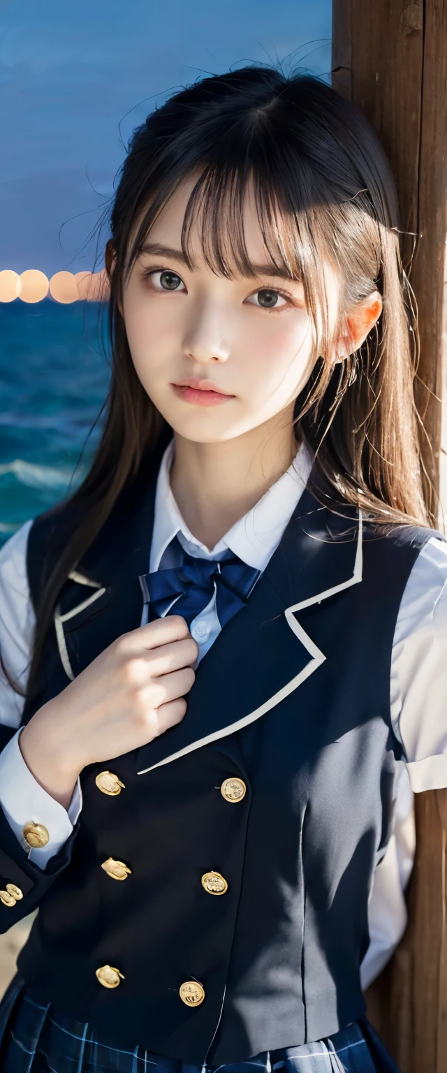 (Close-up portrait of a slim, small-breasted girl in a school uniform:1.5)、(A girl with a sad expression looking at the big full moon with her hair blowing in the wind 1.3)、(Large full moon reflected in the sea at night :1.3)、(Perfect Anatomy:1.3)、(Complete Hand:1.3)、(Full Finger:1.3)、Photorealistic、Raw photo、Tabletop、highest quality、High resolution、Delicate and beautiful、Perfect Face、Beautiful fine details、Fair skin、Real human skin、pores、((Thin legs))、(Black Hair)、 , Half Body