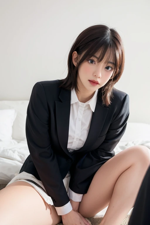 One girl, Random black formal attire, White Background,   、((Spread legs POV:1.5))