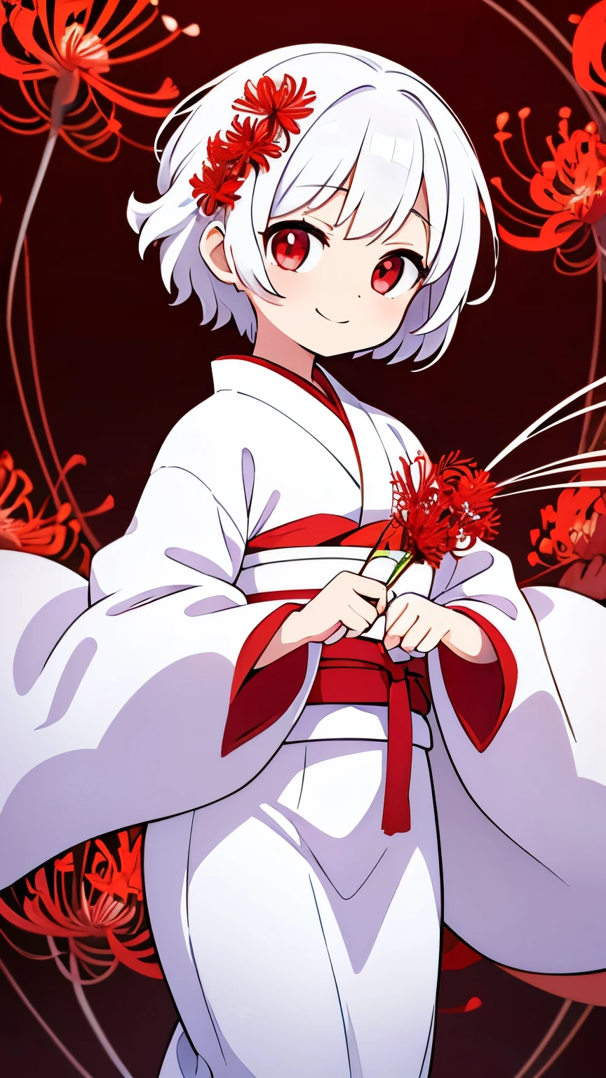 Age unknown,Unknown gender,White curly short hair,Red eyes,white kimono,God,Floating in the air,Red spider lily flower field,Mysterious Smile