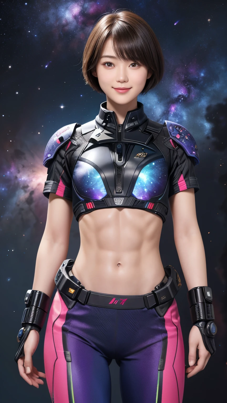 214 Short Hair, 20-year-old woman, A kind smile, Floral, Futuristic clothing, machinery suit, ((Clothes that show abs、Clothes with short sleeves)), (The background is a galaxy and nebula)