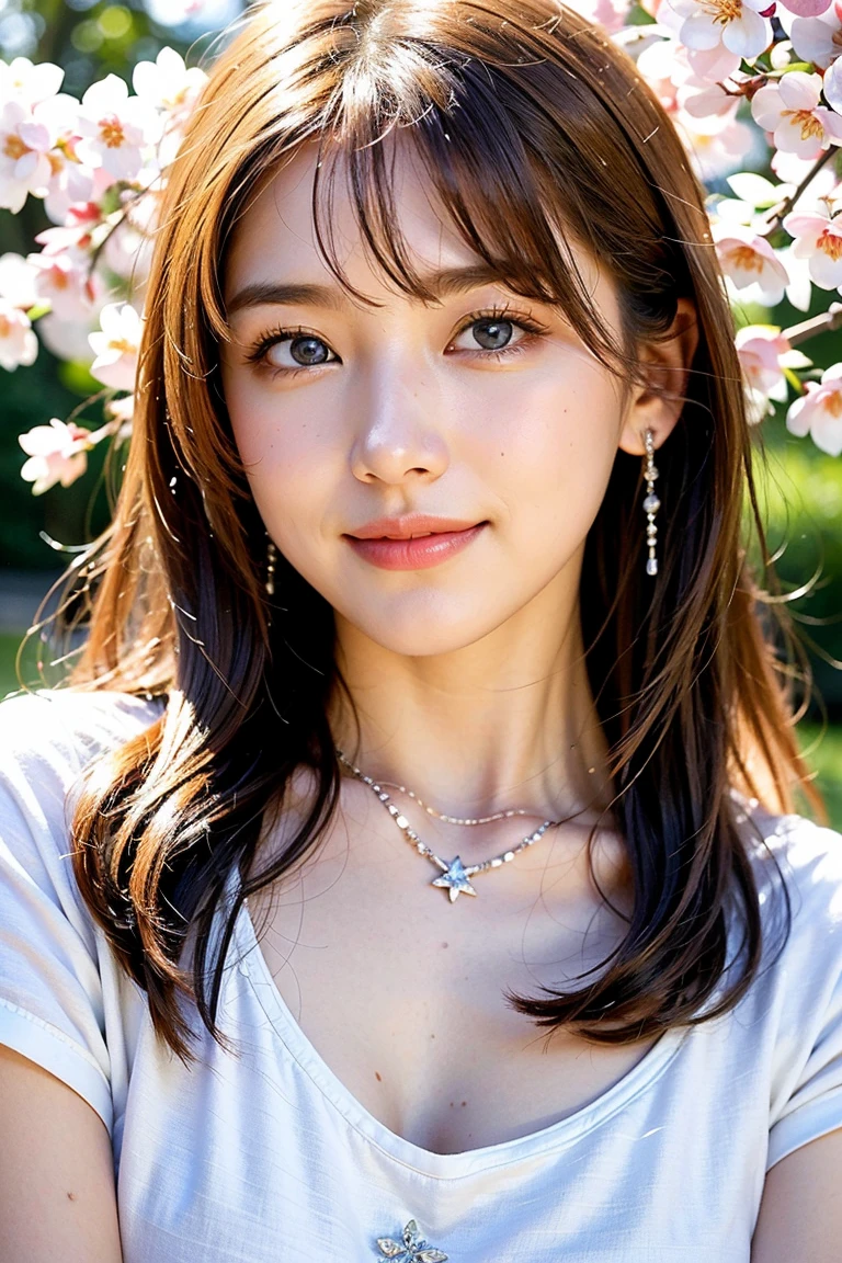 Save this image、Pale face and eyes:1.3、薄くてPale face and eyes:1.3, blue eyes:1.3、{highest quality}, {{masterpiece}}, {Very delicate and beautiful}, Exceptional light and shadow, Highly detailed wallpaper, Clear and bright sunshine, whole body, whole body、 1 girl, , blush:1.2、Shaggy blonde long hair:1.3, Bangs are blunt cut at eyebrow level:1.5、Strong sunlight, (White T-shirt)、 Delicate hair,Realistic skin texture, B cup breasts、visible wrinkles on the skin., Broad shoulders:1.2, ((a strong light shines on your face:1.5)), color々Strike a Pose:1.5, necklace、ring、earrings、歯を見せたsmile:1,5、smile:1.5、Background of a park with cherry blossoms in full bloom:1.5, Ray Tracing、Cowboy Shot:1.5