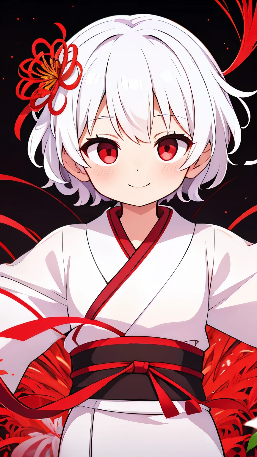 Age unknown,Unknown gender,White curly short hair,Red eyes,white kimono,God,Floating in the air,Red spider lily flower field,Mysterious Smile