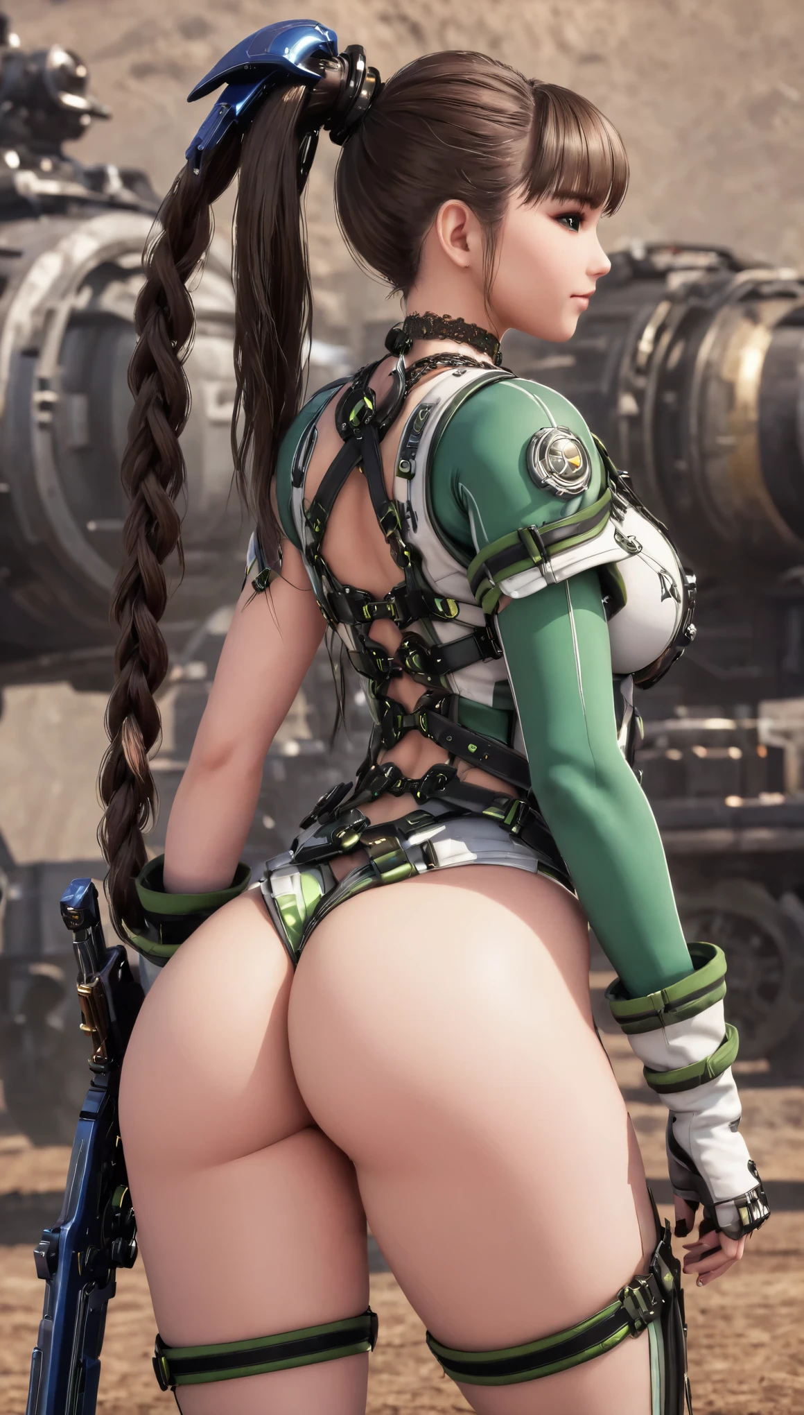 Eve, Stellar Blade, big breast, thicc thighs, curvy, 1girl,solo,heavy makeup,cute,earrings,ring braid,(lewd smile:1.1),holding big mechanical sword, ponytail,idol,hooker,military uniform,(battleground:1.1), showing back, big buttocks,