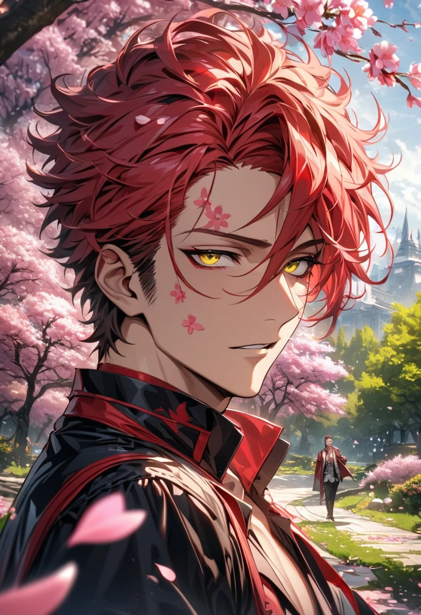 absurdres, highres, ultra detailed, HDR, master piece, best quality, extremely detailed face and eyes, Klaus Von Reinhertz, red hair, expressive yellow eyes, Kekkai Sensen, solo, sexy man, handsome, spring, trees, blossoms, pink petals, pink butterflies