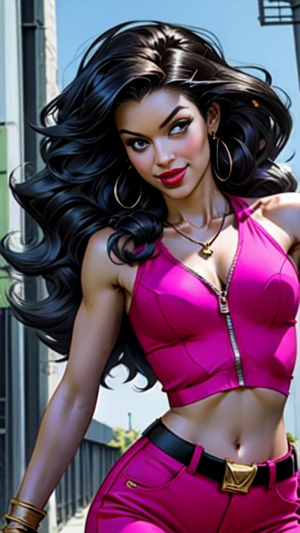 1woman 30year old, solo, long curly hair, looking at viewer, navel, cleavage, bare shoulders, detailed eyes, shy smile,jewelry, medium breasts, earrings, midriff, belt, bodystocking,necklace, bracelet, lips, armlet, ((dynamic pose)), ((dynamic angle)),