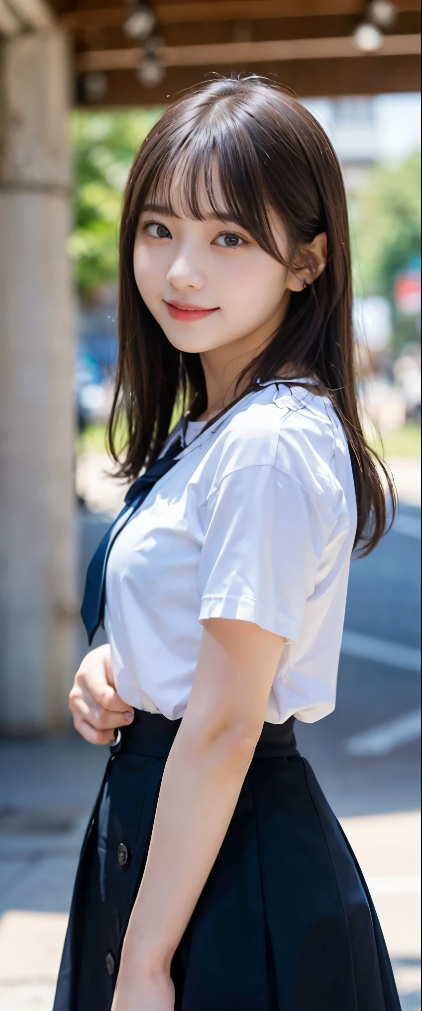 (masterpiece, highest quality:1.2), 8k, 12才のfull nudeの女の子, 85mm,Official AR RAW photo, スーパースリムなスレンダーbeautiful girl, (When I lift up my short navy blue skirt、下Half bodyfull nude、short sleeveの白シャツ、show me your ears、naked girl photoshoot、full nude, cute face, close, Half body, Biolace, gardenia, beautiful girl, school uniform, thighs, short sleeve, stand on the station platform, looking at the viewer, no makeup, (big smile), film grain, chromatic aberration, sharp focus, face light, clear lighting, Ten generations, detailed face, background bokeh, (dark red tie:1.1)、(((((( girl))))))、((((((12才のfull nude女子高生)))))、thin waist