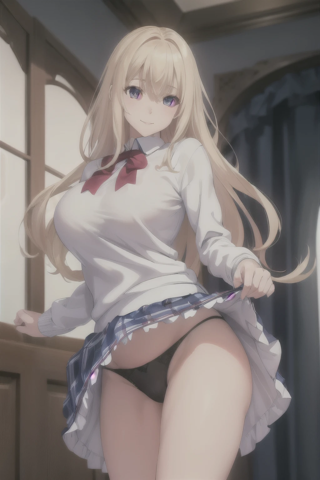 best quality, masterpiece, detailed,
PhenexRavel,
1girl, closed mouth, smile, cabello rubio, ojos azules, dos cuentos Long, flowing light blonde hair, ruby eyes, (1girl) slim body, big breasts, beautiful face, smooth, white skin, Wearing a white long-sleeved sweater and a blue checkered short skirt (Skirt lift:1.3), (thongs:1.1),ROJO panties