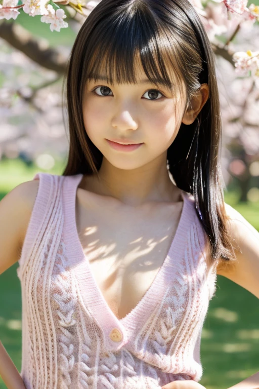 highest quality, High resolution, Realistic photo, Detailed skin texture, ((e 12 panese girl wearing a see-through, short sleeveless sweater)), View your viewers, Slim figure, Attractive gaze, Fair skin, (Flat Chest:1.5), Straight long hair, (loli:1.2), In e park with cherry blossoms falling