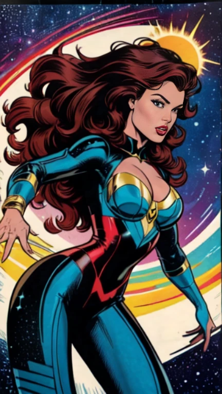 masterpiece,very sharp image,extremely beautiful woman space retro futurism, beautiful face,hi-tech armour over colorful catsuit, long curly hair,in deep space, with several planets and suns in the background Excellent sense,medium breasts,cleavage,American Comics,(((The Perfect One Woman))),(((one person))),colorful,highly detailed body,highly detailed face,SF,((dynamic pose)), ((dynamic angle))