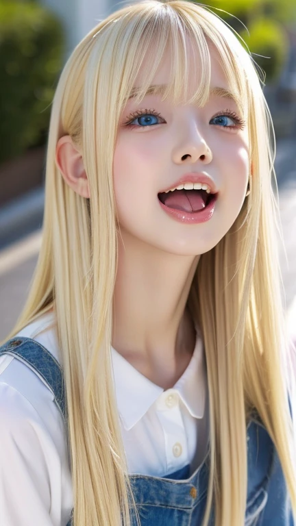 highest quality　Shining, clear, white skin、Her windblown blonde hair hides her beautiful face、huge、20 years old cute sexy little beautiful face、Beautiful straight hair that stands out、growing up, Sparkling light blue eyes、long silky bangs that cover cute eyes, Sexy and cute young woman with super long hair hiding her sexy face、Super long, natural platinum blonde shiny hair　Beautiful bangs that cover the forehead and reach the eyebrows　Beautiful chest　whole body　Lower Body　Overall image　Sensual pose　They are trying to seduce me.　A devilish look　peace sign　Girly clothes with a green theme　He has his mouth open and his tongue sticking out as if he is about to lick something in front of him.　Looking up, sticking out his tongue and trying to lick　Mouth and facial expression　He has milky white drool coming out of his mouth.　The left eye is winking
