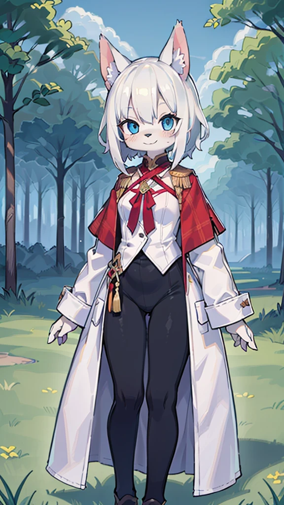 (((masterpiece, highest quality))), Intricate details, 8k, Cat ears, One Woman, Slender figure, anime, Tall, White hair color, White clothing, black pants, furry, In the middle, Blue eyes, Side Ponytail, grassland, smile,
