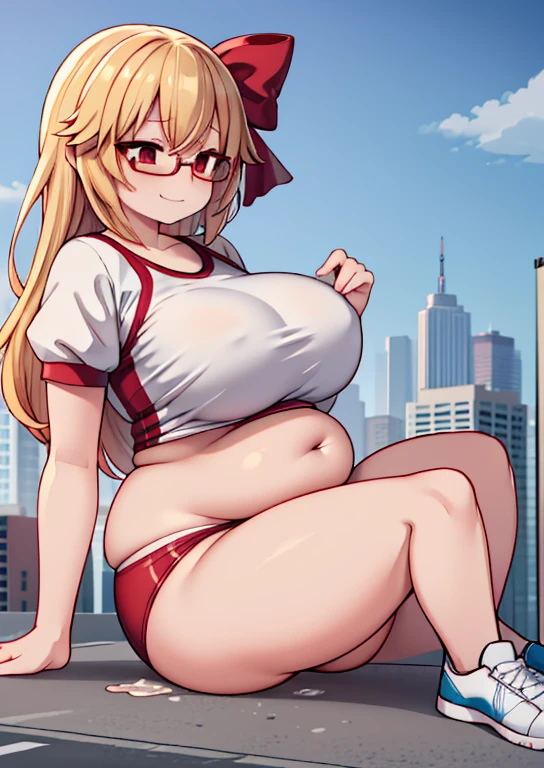 (masterpiece, best quality, highly detailed), 1girls, big belly, huge belly, art by kipteitei, round belly, chubby, curvy, belly grab, enormous belly, fat belly, thicc, bigger belly, really big belly, jiggly belly, glasses, gym clothes, ((cum on belly)), smug face, sitting, ((full body)), long hair, ((dominant)), (giantess), Flandre scarlet