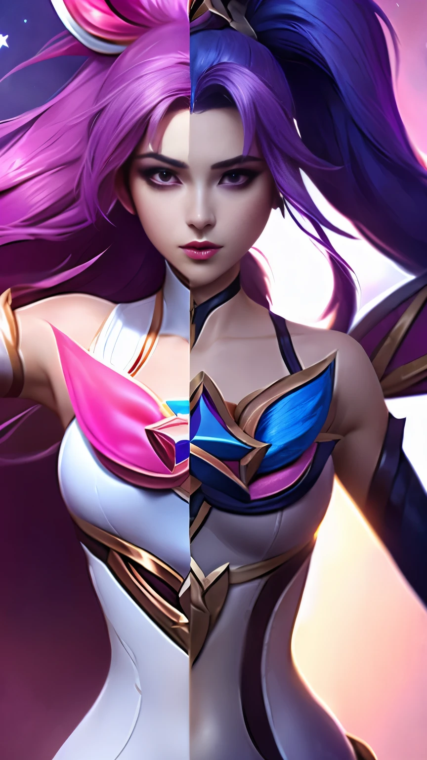 (Masterpiece, highly detailed, highly quality,  highly resolutions), line between the middle, (SplitScreen, split screen, BREAK starguardiankaisa,( elbow gloves, hair ornament, dress, crop top, navel, star \(symbol\), choker, star guardian \(league of legends\), pink hair, long hair, wings), {{SplitScreen, split screen, BREAK starguardianakali, (elbow gloves, hair ornament, crop top, navel star guardian \(league of legends\), star \(symbol\), multicolored hair, blue hair, purple hair, ponytail)}})