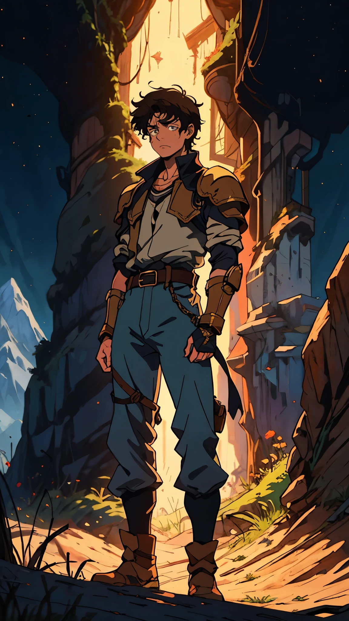 A man with short sandy brown hair, long side-parted bangs, a melancholic gaze, a troubled expression, pale skin, a fantasy-style gray trench coat with a large collar, under which lies leather chest armor, a black belt, worn-out yellowish shoulder pads and wrist guards, utility trousers, the backdrop of a mountain wilderness at night, this character embodies a finely crafted fantasy-style adventurer in anime style, exquisite and mature manga art style, high definition, best quality, highres, ultra-detailed, ultra-fine painting, extremely delicate, professional, perfect body proportions, golden ratio, anatomically correct, symmetrical face, extremely detailed eyes and face, high quality eyes, creativity, RAW photo, UHD, 32k, Natural light, cinematic lighting, masterpiece-anatomy-perfect, masterpiece:1.5