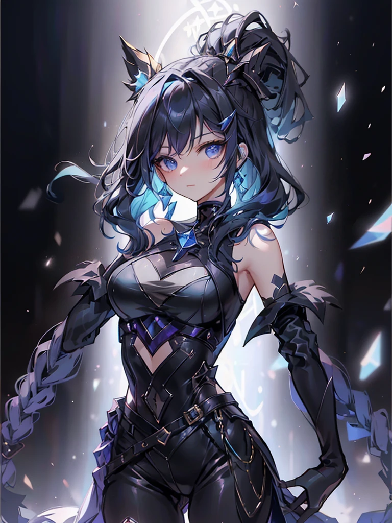 17-year-old girl、wearing a black elegant hat、Rune background、black magician、Wearing a black robe、mesmerize、cute woman、Elegant hairstyle、indigo hair color、Slightly shorter hair、blue eyes、look at the viewer、masterpiece、Best image、