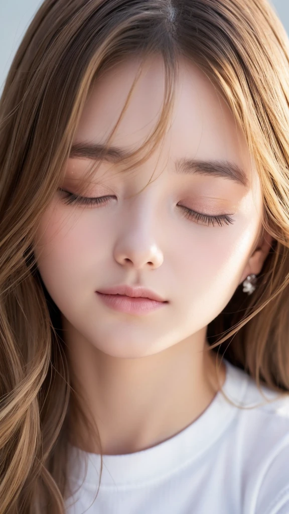 Authentic photo quality、cara muy linda、Extraordinaria belleza sexy、beautiful calm and bright expression、Aspecto refrescante y sexy.、Flequillo largo que cae sobre una cara linda y hermosa perfecta.、super long blonde hair, liso y sedoso que brilla intensamente.、hermoso rostro y cabello rubio、muy linda hermosa mujer joven sexy、Cara linda muy perfecta y hermosa.、Hermosos ojos azul cielo brillantes、ojos muy grandes、cabello dorado muy grande encima de un ojo、rubia entre los ojos、Piel blanca muy radiante、Teca Brillo、delineador de ojos、A small smile、piel brillante