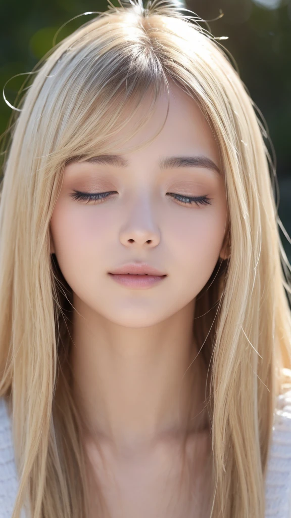 Authentic photo quality、cara muy linda、Extraordinaria belleza sexy、beautiful calm and bright expression、Aspecto refrescante y sexy.、Flequillo largo que cae sobre una cara linda y hermosa perfecta.、super long blonde hair, liso y sedoso que brilla intensamente.、hermoso rostro y cabello rubio、muy linda hermosa mujer joven sexy、Cara linda muy perfecta y hermosa.、Hermosos ojos azul cielo brillantes、ojos muy grandes、cabello dorado muy grande encima de un ojo、rubia entre los ojos、Piel blanca muy radiante、Teca Brillo、delineador de ojos、A small smile、piel brillante