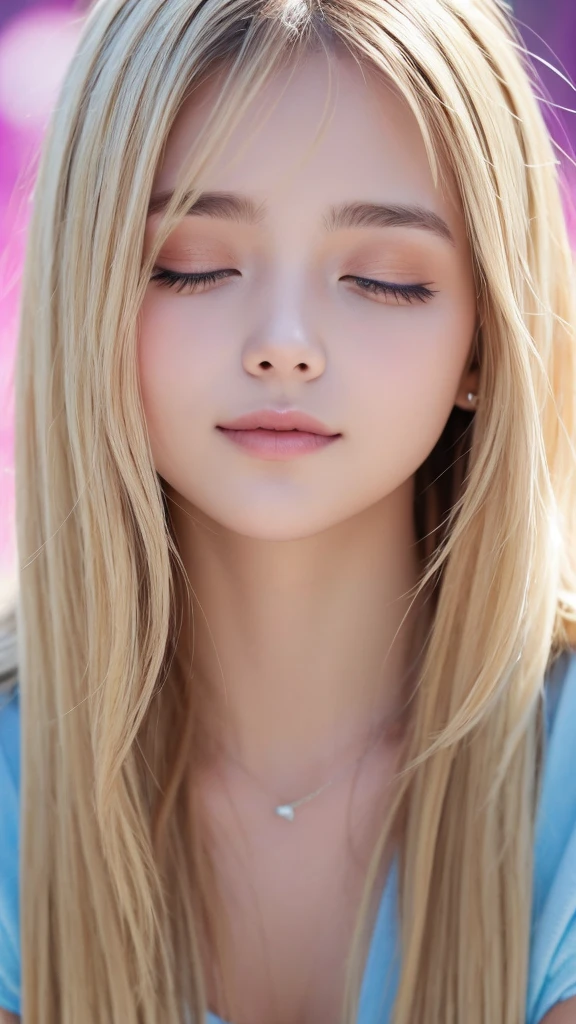 Authentic photo quality、cara muy linda、Extraordinaria belleza sexy、beautiful calm and bright expression、Aspecto refrescante y sexy.、Flequillo largo que cae sobre una cara linda y hermosa perfecta.、super long blonde hair, liso y sedoso que brilla intensamente.、hermoso rostro y cabello rubio、muy linda hermosa mujer joven sexy、Cara linda muy perfecta y hermosa.、Hermosos ojos azul cielo brillantes、ojos muy grandes、cabello dorado muy grande encima de un ojo、rubia entre los ojos、Piel blanca muy radiante、Teca Brillo、delineador de ojos、A small smile、piel brillante