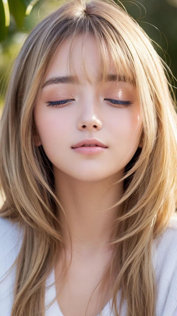 Authentic photo quality、cara muy linda、Extraordinaria belleza sexy、beautiful calm and bright expression、Aspecto refrescante y sexy.、Flequillo largo que cae sobre una cara linda y hermosa perfecta.、super long blonde hair, liso y sedoso que brilla intensamente.、hermoso rostro y cabello rubio、muy linda hermosa mujer joven sexy、Cara linda muy perfecta y hermosa.、Hermosos ojos azul cielo brillantes、ojos muy grandes、cabello dorado muy grande encima de un ojo、rubia entre los ojos、Piel blanca muy radiante、Teca Brillo、delineador de ojos、A small smile、piel brillante