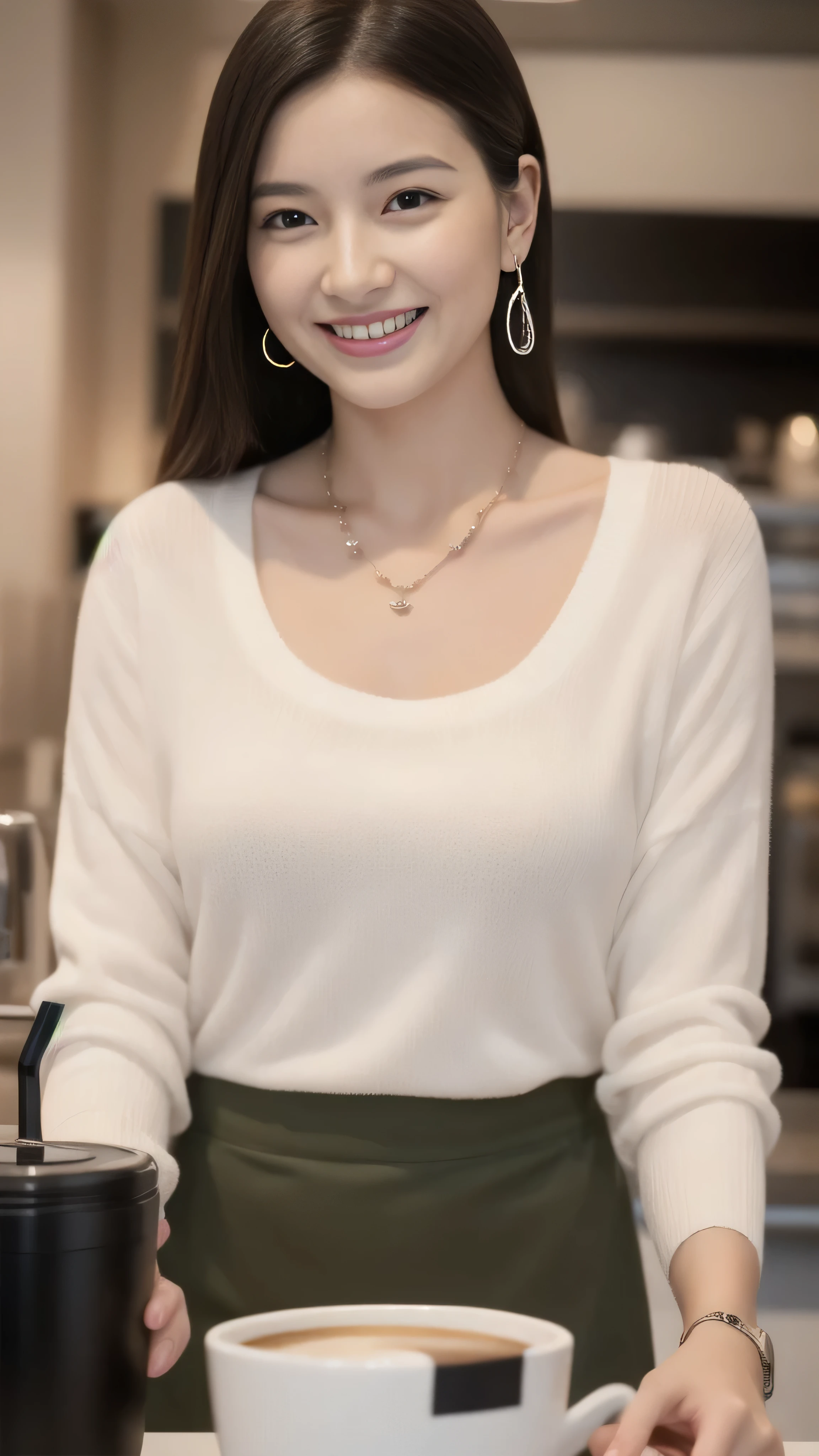 Hostess's face、Married women、Married Woman、Beauty、White knit shirt、skirt、high quality、Super Ultra Realistic、healthy、smile、tall、Perfect figure、Japanese Beauty、 necklace、Earrings、Perfect eyes, beautiful skin、Upper Body、looking at the camera、Making coffee at Starbucks