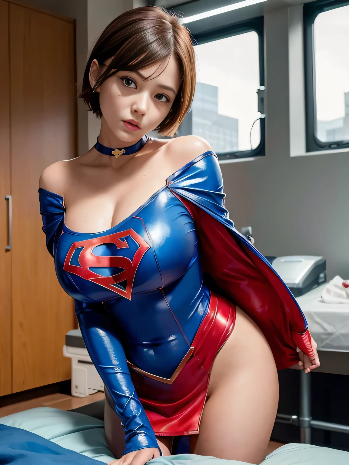 masterpiece、Enamel Supergirl Costume、Short Hair、Hospital operating table、Crisis situation、Big and ample breasts、looking at the camera、Shiny、Off the shoulder、choker、Long sleeve、Red exy poses to seduce、Sweaty、Model Body Type、Alluring、charm、Enchanting、abused、test subject、victim、Wild、