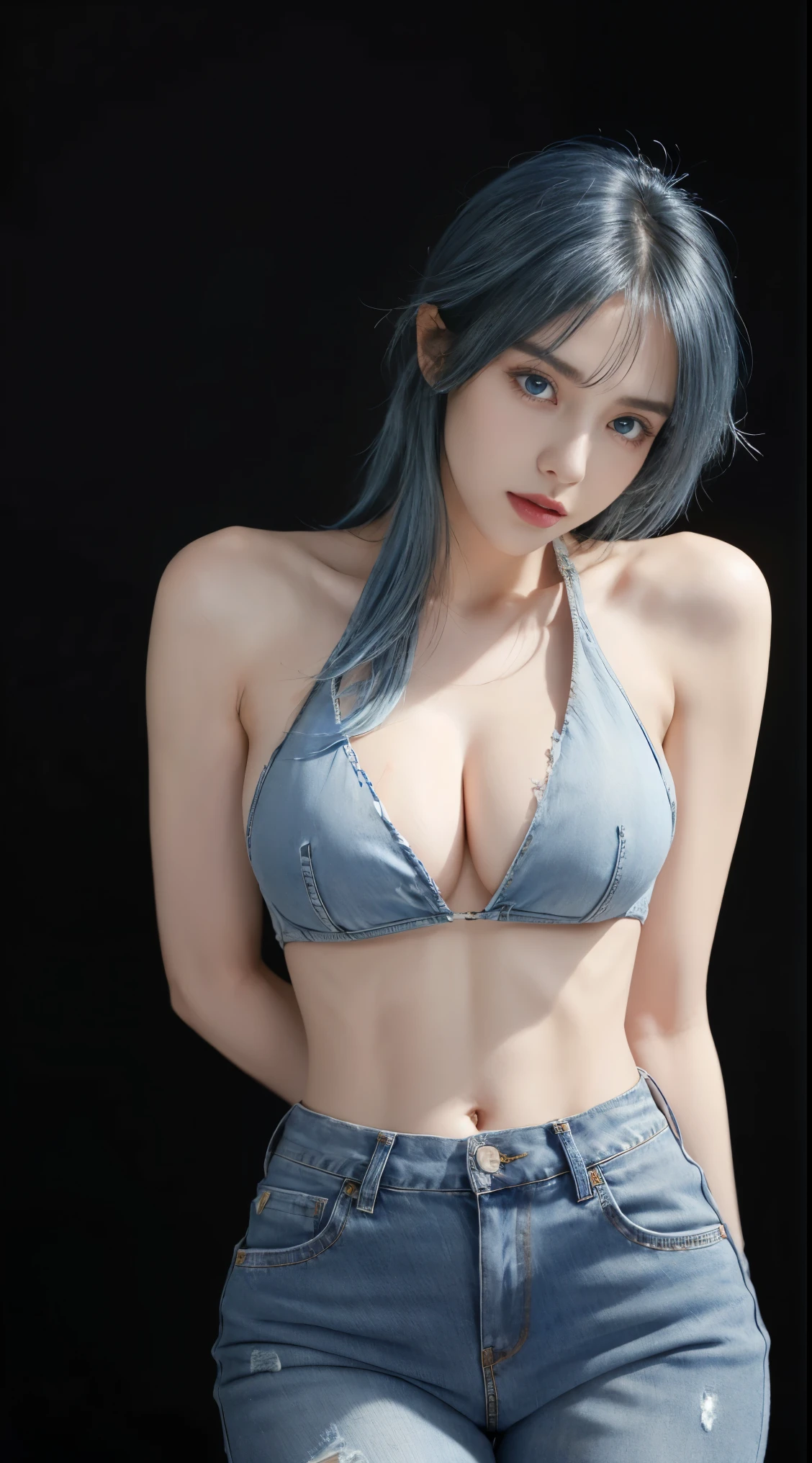 ((best quality, 8k, masterpiece: 1.3)), 1 female, beautiful girl with slender abs: 1.3, light blue hair, huge breasts: 1.2, seductive pose, pool, super detailed face, highly detailed lips, detailed eyes, double eyelids