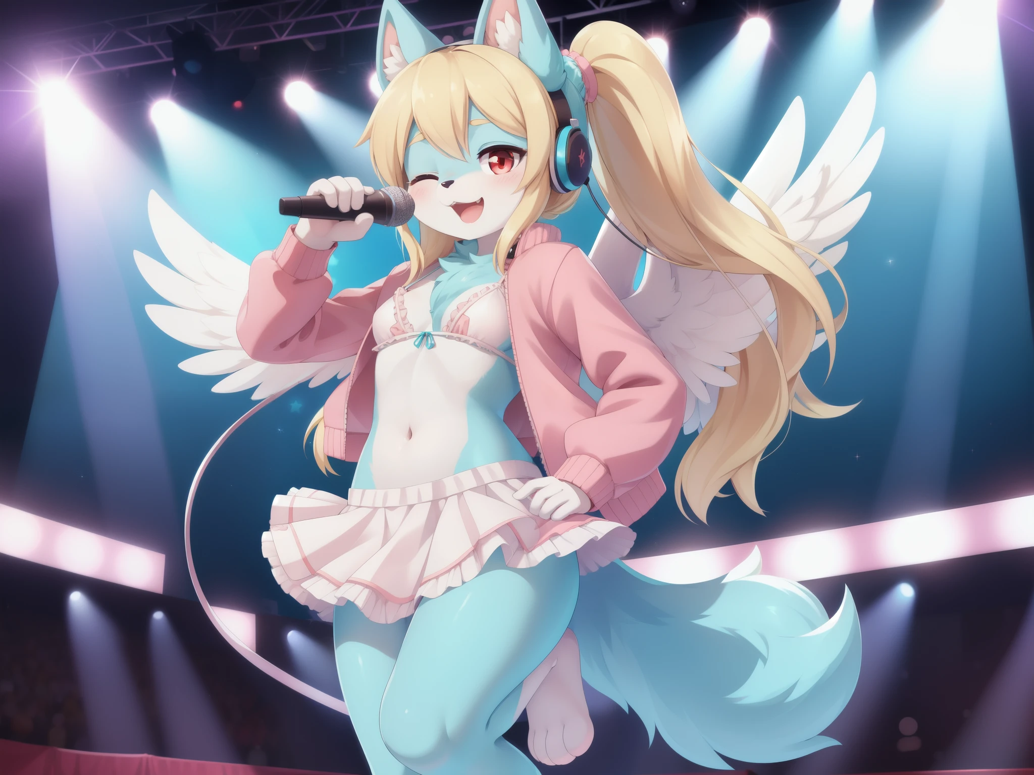 Furry girl, dog, cute hair, long ponytail, blonde hair, stars hairpin, red eyes, small breasts, detailed body fur, ((small pink jacket, open clothes, white frilly bikini, white frilly skirt)), blue feathered wings, masterpiece, looking at you, two tone body fur, turquoise body fur, clear turquoise body fur, detailed face, big eyebrows, detailed eyes, detailed body, detailed hands, glistering body, shiny body, skinny, :3, floppy dog ears, full body, feets whit three toes, microphone, singing, idol headphones, (wink, one eye closed), Idol pose, concert stage, 