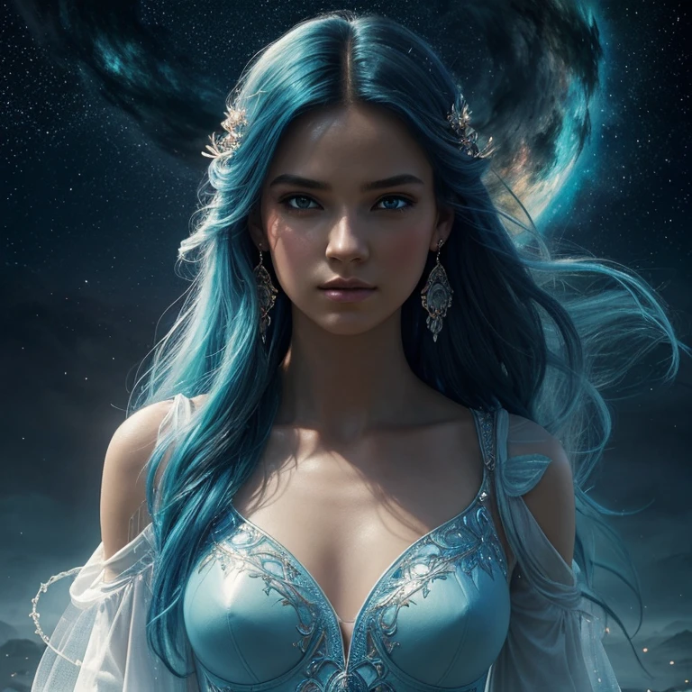 ethereal fantasy concept art, (((full medium shot))), (Masterpiece, photorealistic, photorealism, best quality, ultra-detailed:1.3), (nice hands, perfect hands), official art, cinematic light, (1girl:1.3), adult, looking at viewer, hair ornament, dynamic pose, frown, earrings, neon in station, night, black & blue hair, white bodysuit. magnificent, celestial, ethereal, painterly, epic, majestic, magical, fantasy art, cover art, dreamy