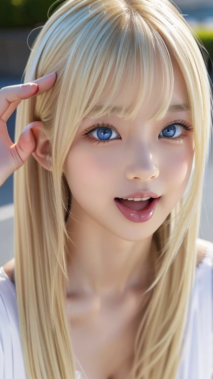 highest quality Shining, clear, white skin、Her windblown blonde hair hides her beautiful face、huge、20 years old cute sexy little beautiful face、Beautiful straight hair that stands out、growing up, Sparkling light blue eyes、long silky bangs that cover cute eyes, Sexy and cute young woman with super long hair hiding her sexy face、Super long, natural platinum blonde shiny hair Beautiful bangs that cover the forehead and reach the eyebrows Beautiful chest whole body Lower Body Overall image Sensual pose They are trying to seduce me. A devilish look peace sign extreme cosplay costumes He has his mouth open and his tongue sticking out as if he is about to lick something in front of him. Looking up, sticking out his tongue and trying to lick Mouth and facial expression The left eye is winking