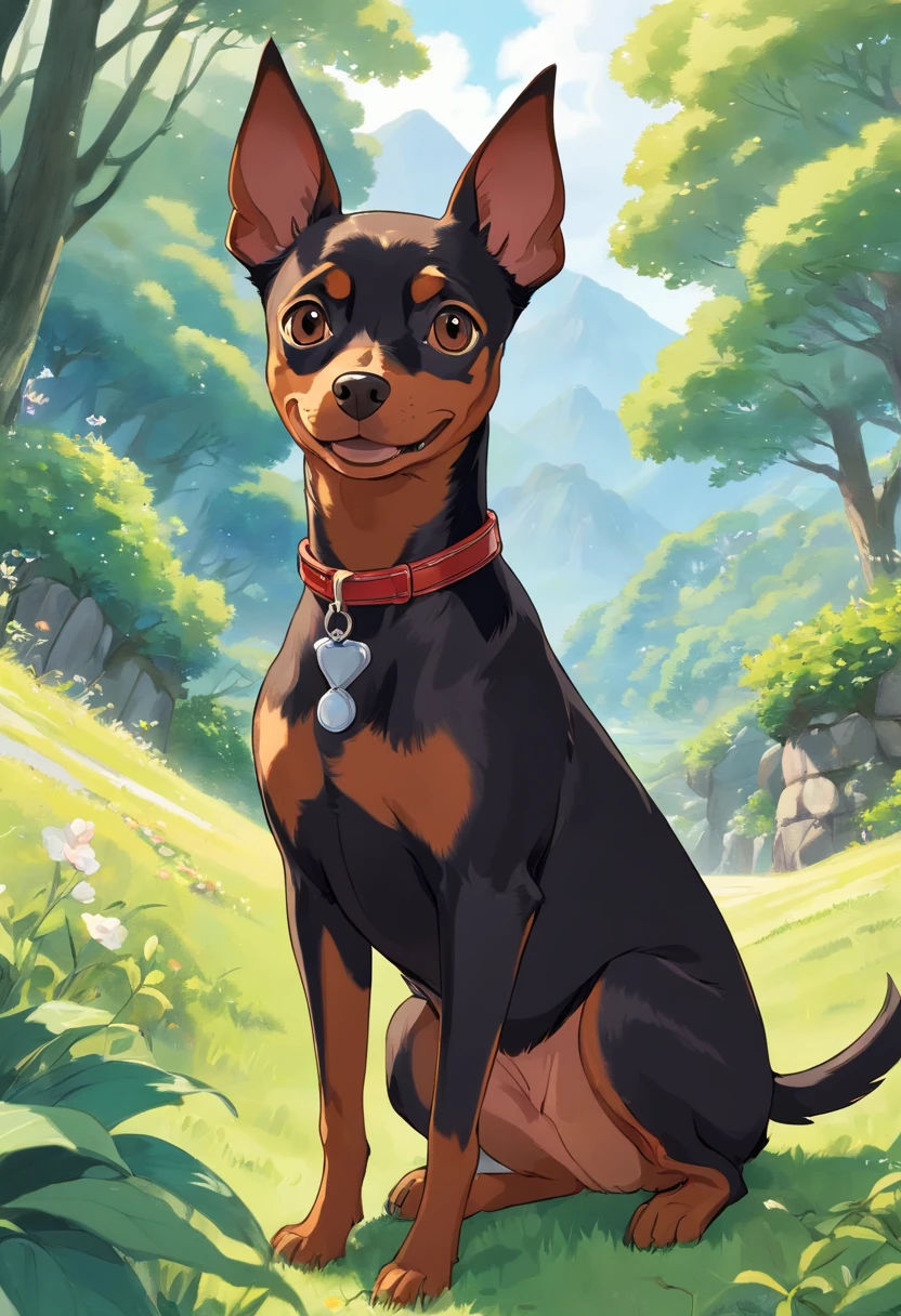 make an image of a black and brown Zwergpinscher(dwarf pinscher) dog happy, with a white spot on the chest, studio ghibli style. in a beautiful landscape.
