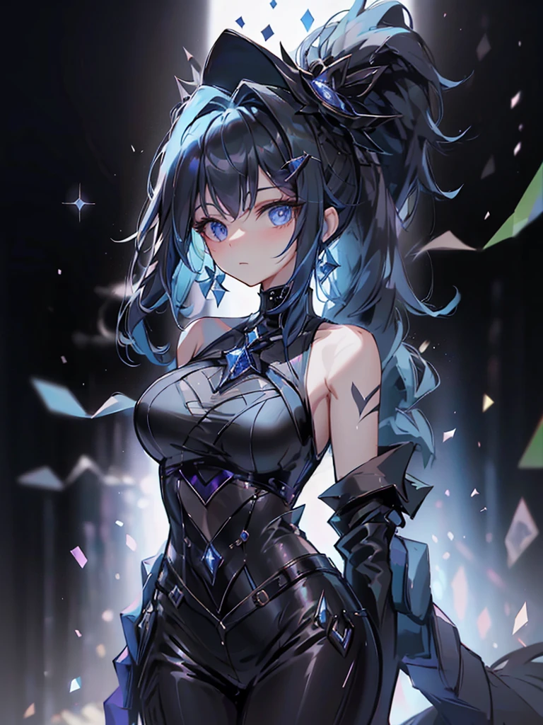 -yeld giwearing a black elegant hat、Rune background、black magician、Wearing a black robe、mesmerize、cute woman、Elegant hairstyle、indigo hair color、Slightly shorter hair、blue eyes、look at the viewer、masterpiece、Best image、