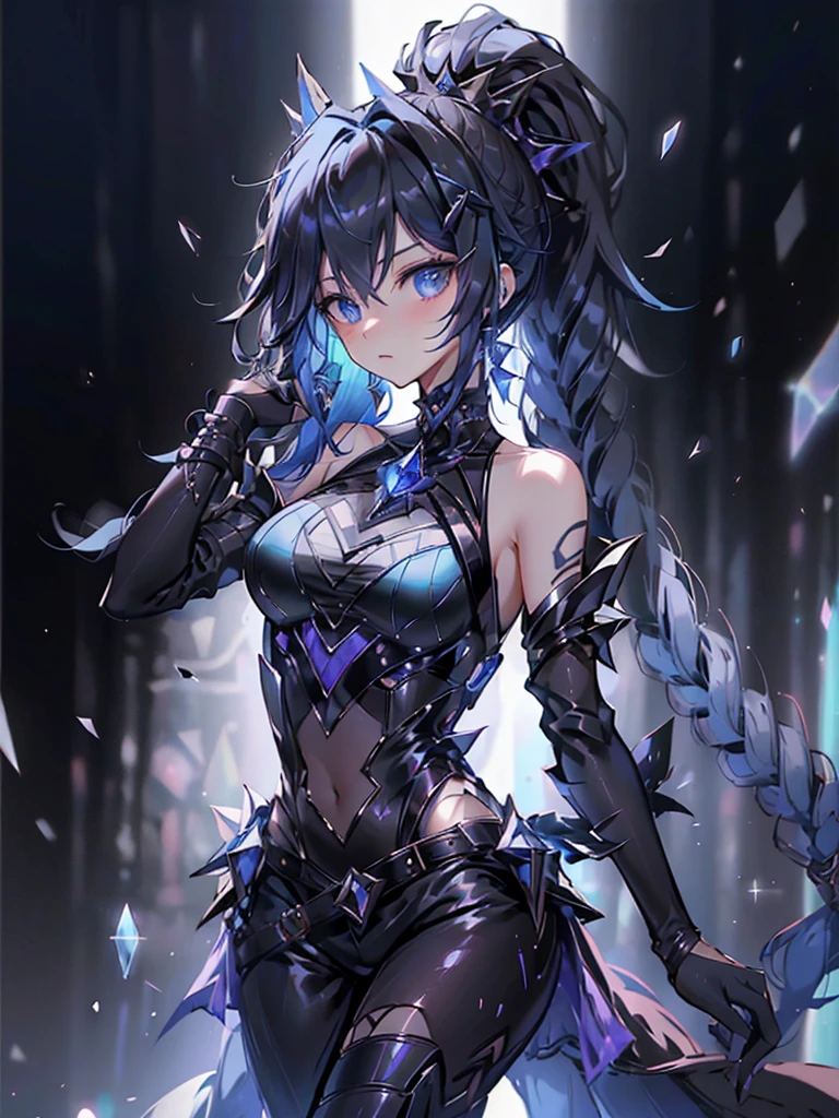 17-year-old girl、wearing a black elegant hat、Rune background、black magician、Wearing a black robe、mesmerize、cute woman、Elegant hairstyle、indigo hair color、Slightly shorter hair、blue eyes、look at the viewer、masterpiece、Best image、