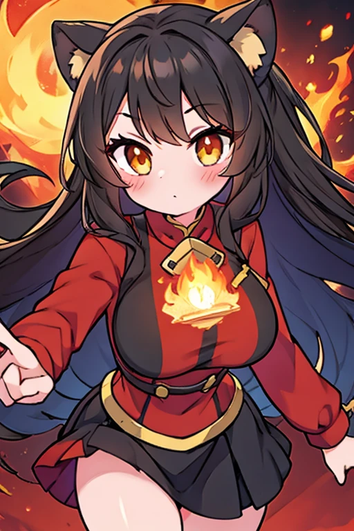 1girl, cute girl, solo, blush, (Charcoal Brunette hair), ((slightly messy hair)), (very long hair), Beautiful Amber eyes, ((Excessively Ginormous Breasts)), curvy, (Super wide hips), wearing a (Red shirt with a flame pattern at the edges), Black hood, and a Black Skirt, and has one hand open with a little flame on it, with a focused/determined facial expression. ((detail face)), 8k, super detail, masterpiece, high quality, high resolution, high detail, high face detail, HD quality, very cute, bright, she is learning to be a “Pyromancer” or “Fire Mage”,