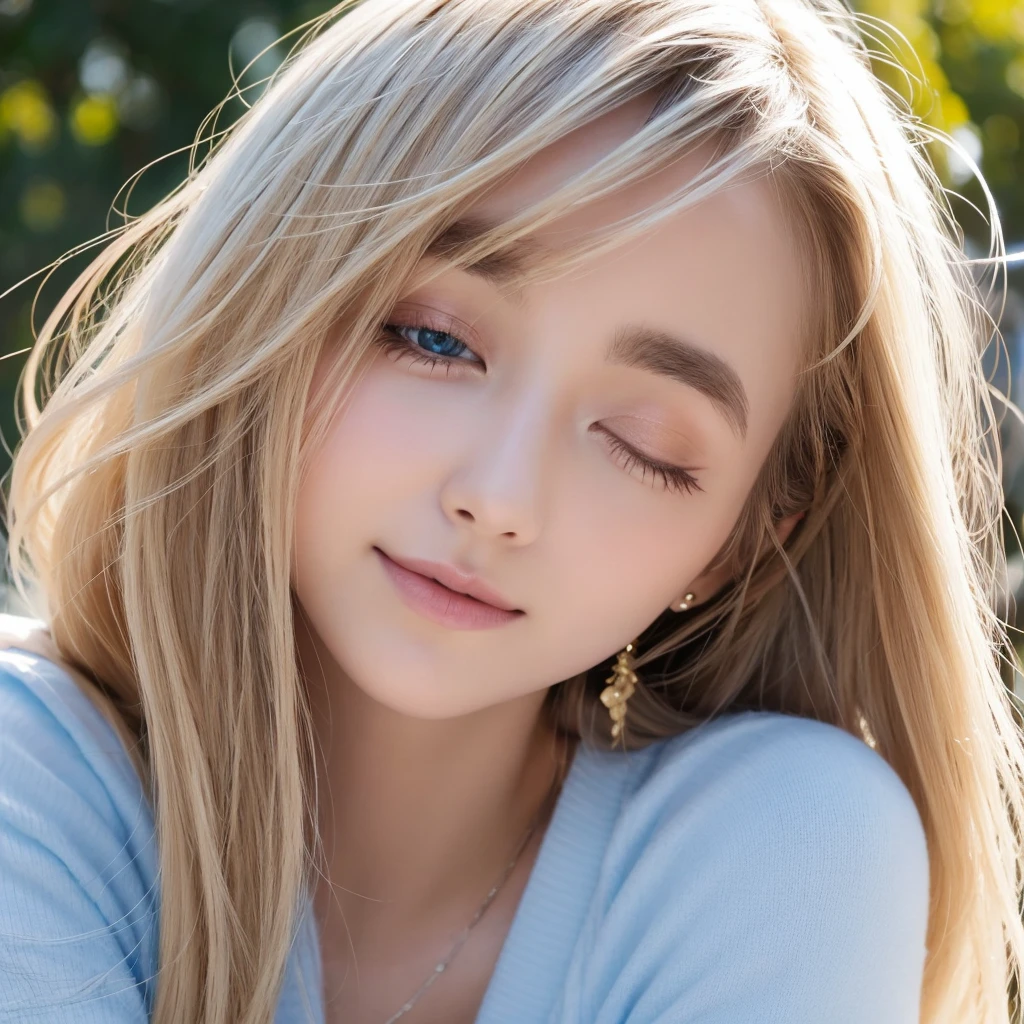 Authentic photo quality、cara muy linda、Extraordinaria belleza sexy、beautiful calm and bright expression、Aspecto refrescante y sexy.、Flequillo largo que cae sobre una cara linda y hermosa perfecta.、super long blonde hair, liso y sedoso que brilla intensamente.、hermoso rostro y cabello rubio、muy linda hermosa mujer joven sexy、Cara linda muy perfecta y hermosa.、Hermosos ojos azul cielo brillantes、ojos muy grandes、cabello dorado muy grande encima de un ojo、rubia entre los ojos、Piel blanca muy radiante、Teca Brillo、delineador de ojos、A small smile、piel brillante