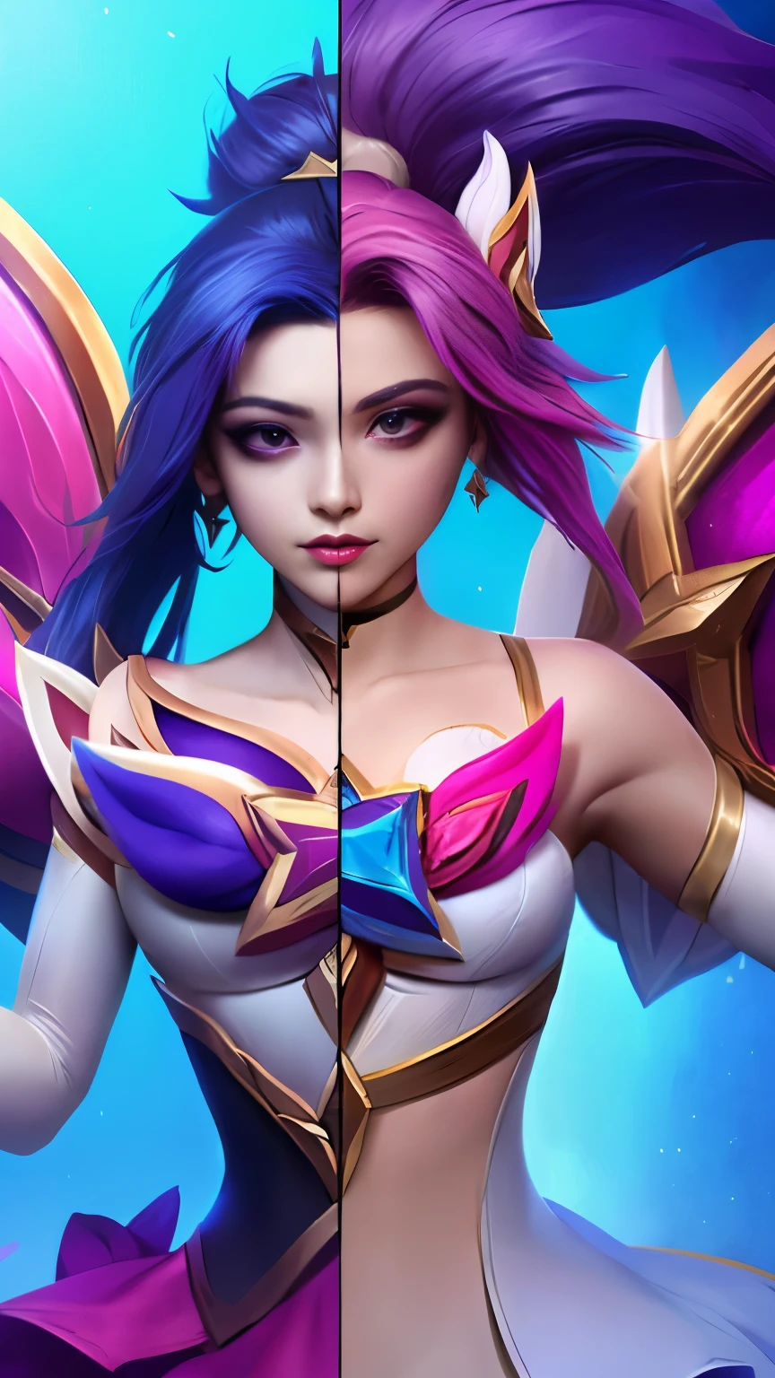 (Masterpiece, highly detailed, highly quality,  highly resolutions), line between the middle, (SplitScreen, split screen, BREAK starguardiankaisa,( elbow gloves, hair ornament, dress, crop top, navel, star \(symbol\), choker, star guardian \(league of legends\), pink hair, long hair, wings), {{SplitScreen, split screen, BREAK starguardianakali, (elbow gloves, hair ornament, crop top, navel star guardian \(league of legends\), star \(symbol\), multicolored hair, blue hair, purple hair, ponytail)}})